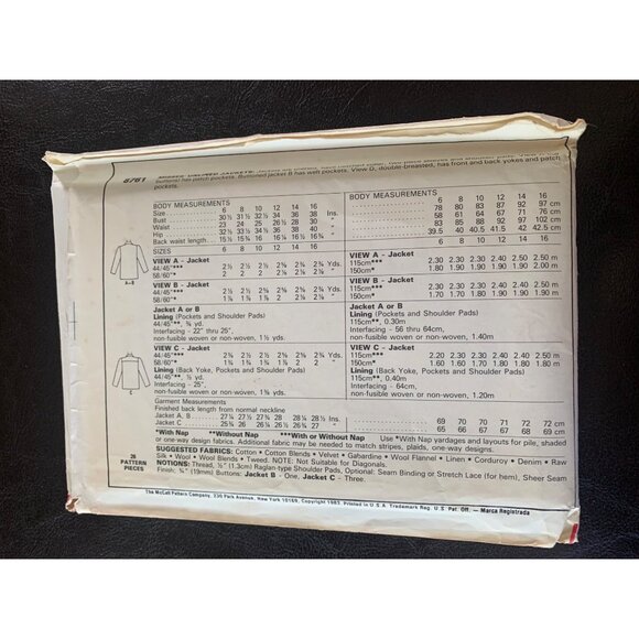 McCall's Misses Jacket Sewing Pattern Sz 14 8761 - Uncut - Picture 5 of 9